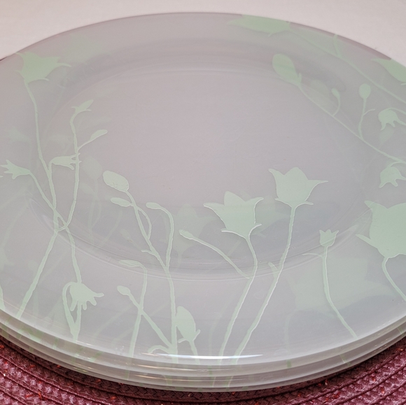 4 Vintage French frosted white dinner plates with mint green tulip floral design
